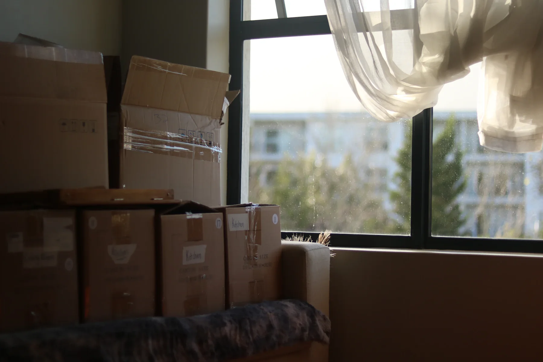 Cardboard boxes stacked by window with city view in background
