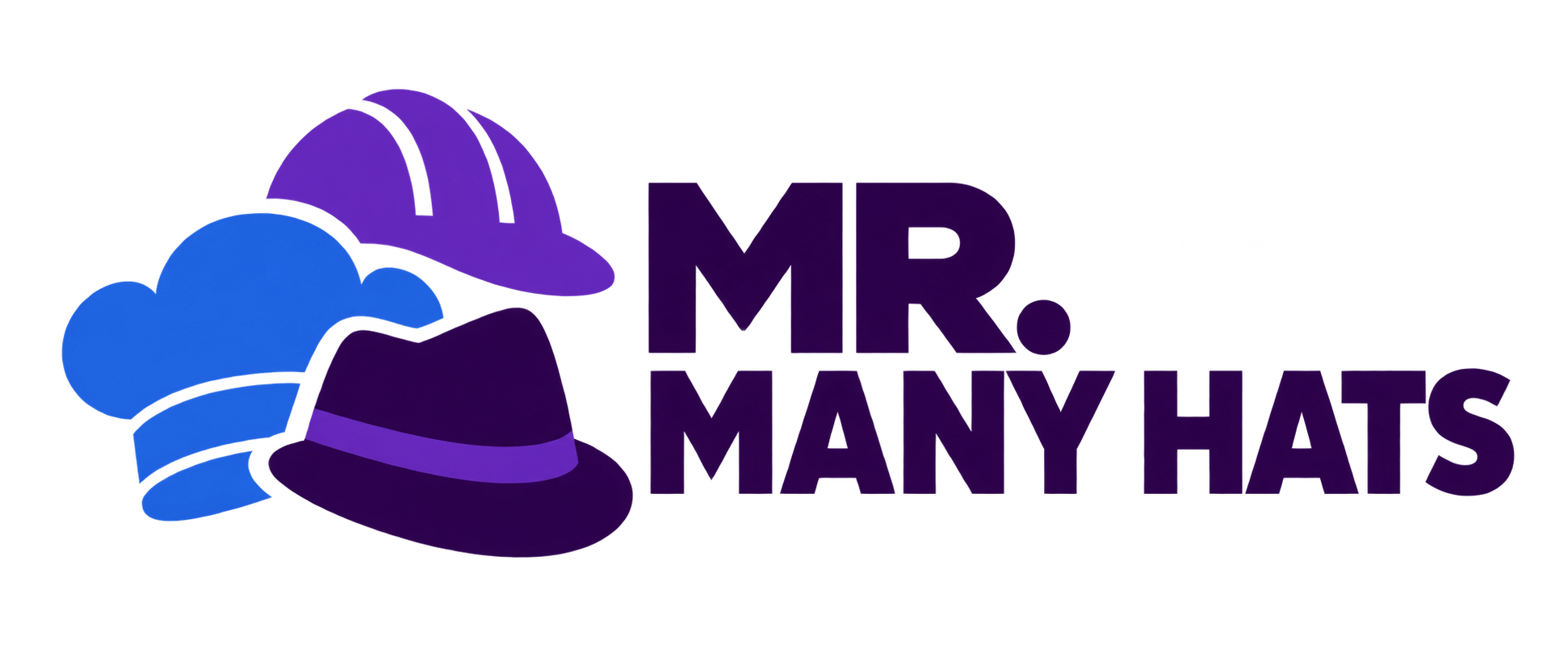 Mr. Many Hats logo with purple fedora, baseball cap, cloud design and blue wind element